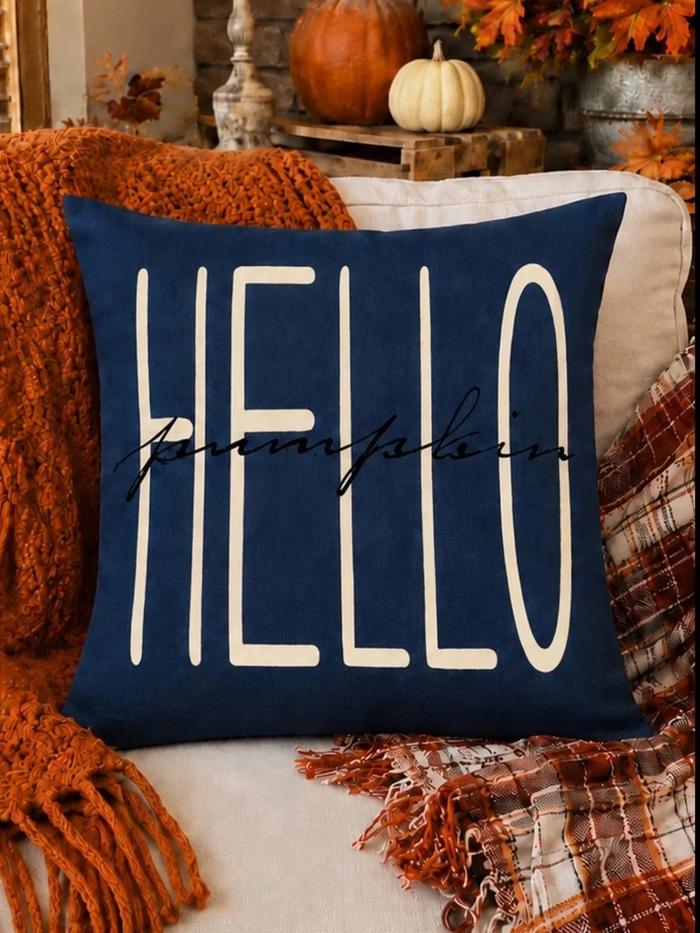 Fall & Autumn Navy Blue and cream 18×18 square Textured Pillow COVERS